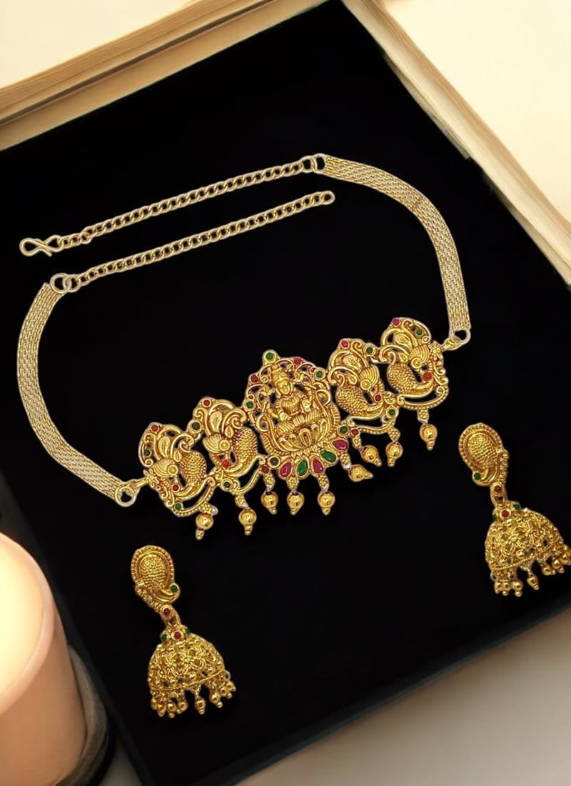 Golden Kundan Lakshmi Temple Work Choker Set Festive Wear