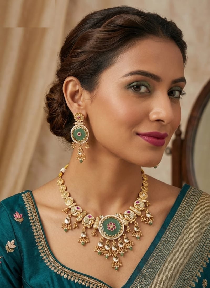 Golden Kundan Meenakari Beads Bridal Classic Choker Necklace Set Wedding Wear