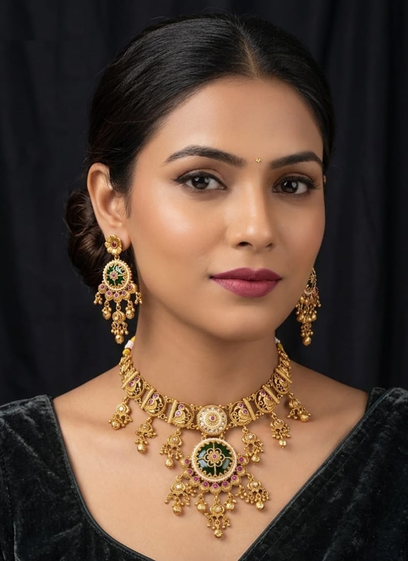 Golden Kundan Meenakari Beads Bridal Classy Choker Necklace Set Wedding Wear