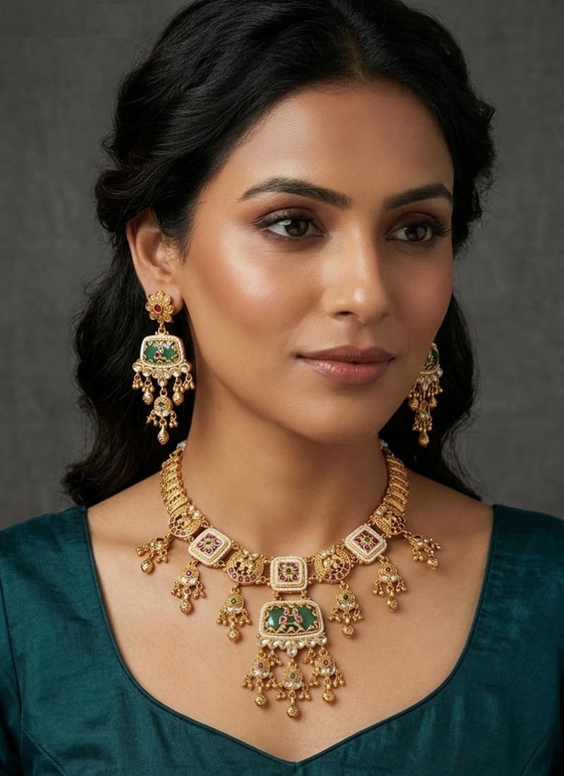 Golden Kundan Meenakari Beads Bridal Regal Choker Necklace Set Wedding Wear