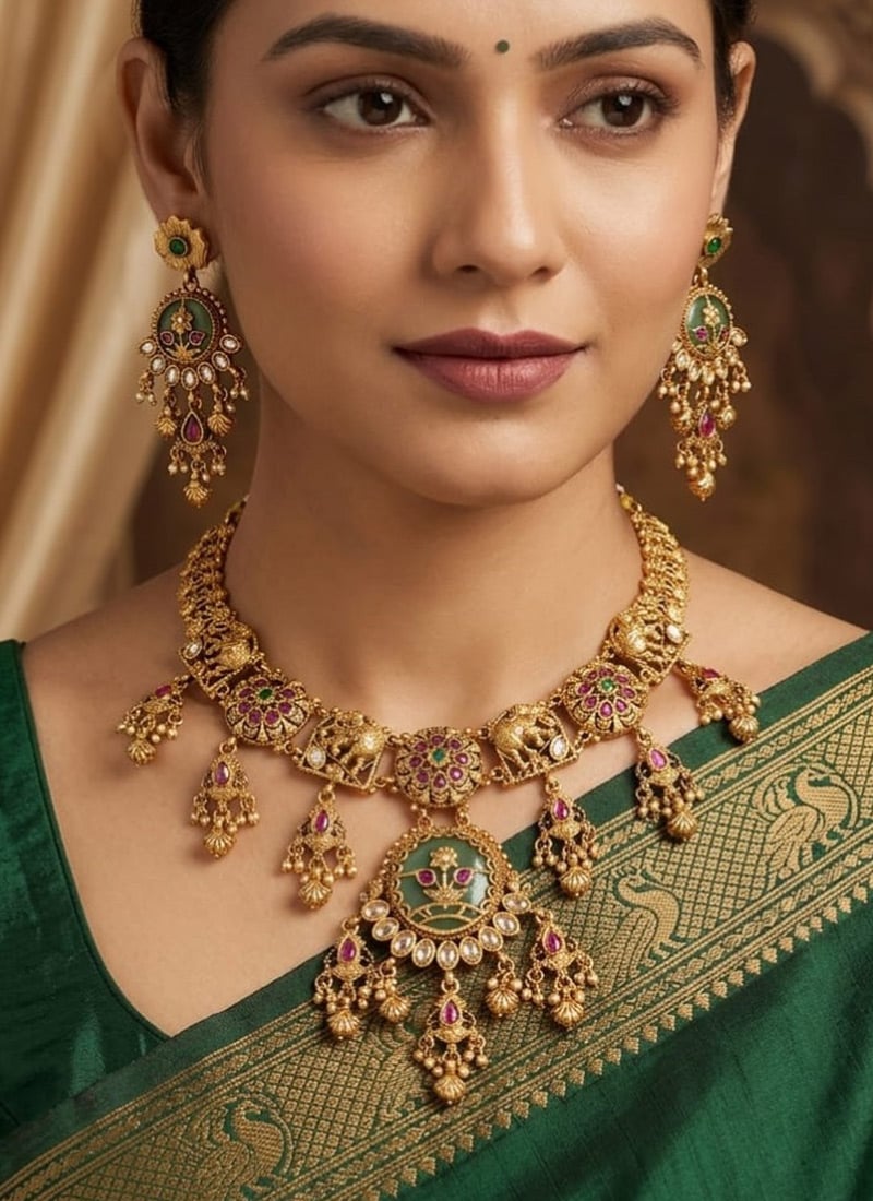 Golden Kundan Meenakari Bridal Timeless Choker Necklace Set Wedding Wear