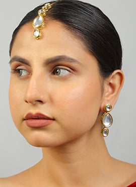 Golden Kundan Meenakari Dangler And Maang Tikka Set