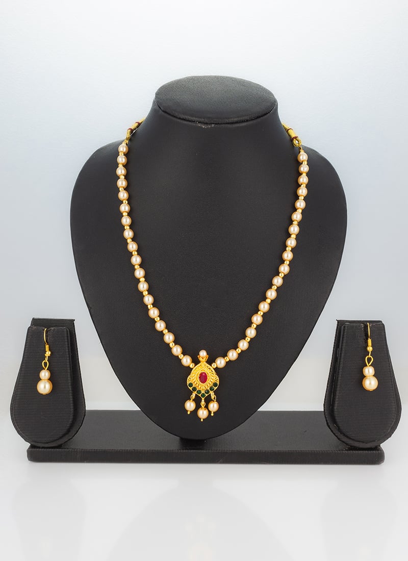 Golden Kundan Moti Necklace Festive Wear