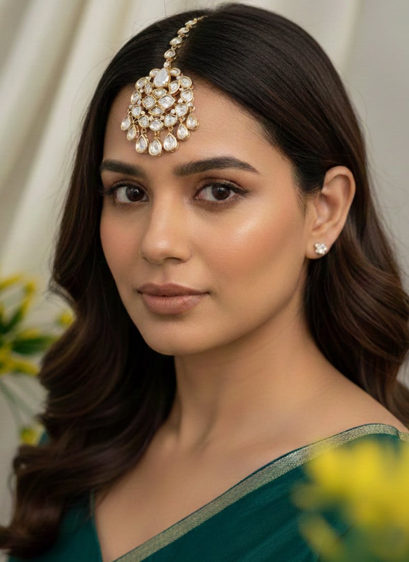 Golden Kundan Party Wear Mangtikka Wedding Wear