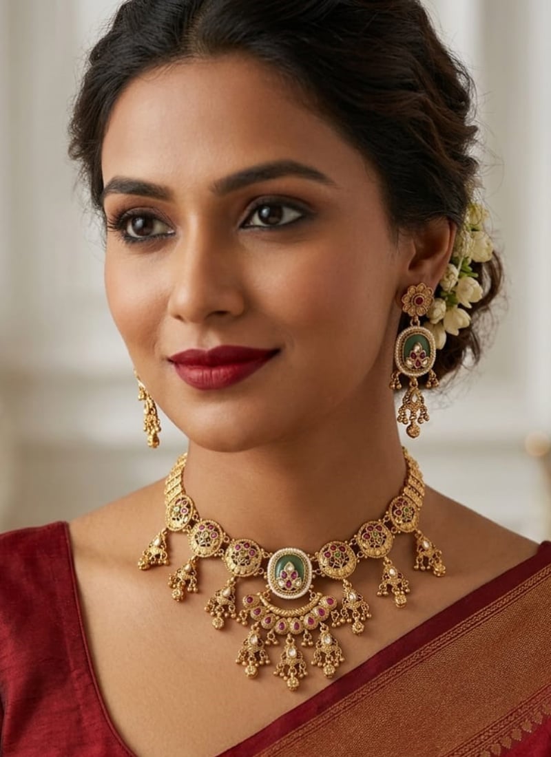 Golden Kundan Pearl Beads Bridal Beautiful Choker Necklace Set For Women Wedding Wear