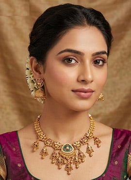 Golden Kundan Pearl Beads Bridal Classic Choker Necklace Set For Women