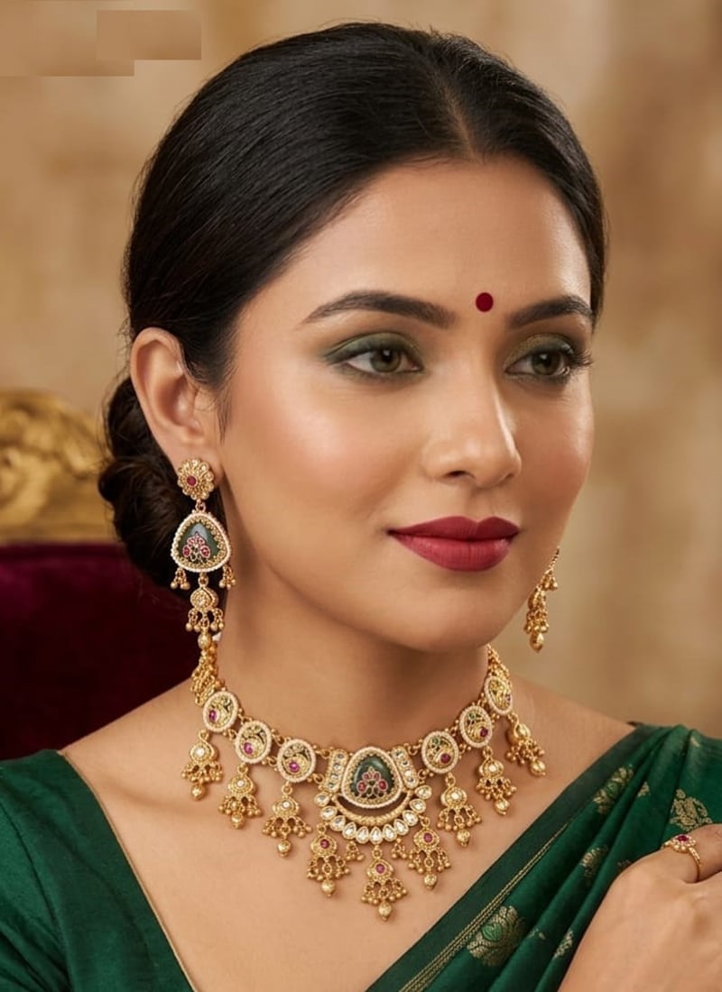 Golden Kundan Pearl Beads Bridal Classy Choker Necklace Set For Women Wedding Wear