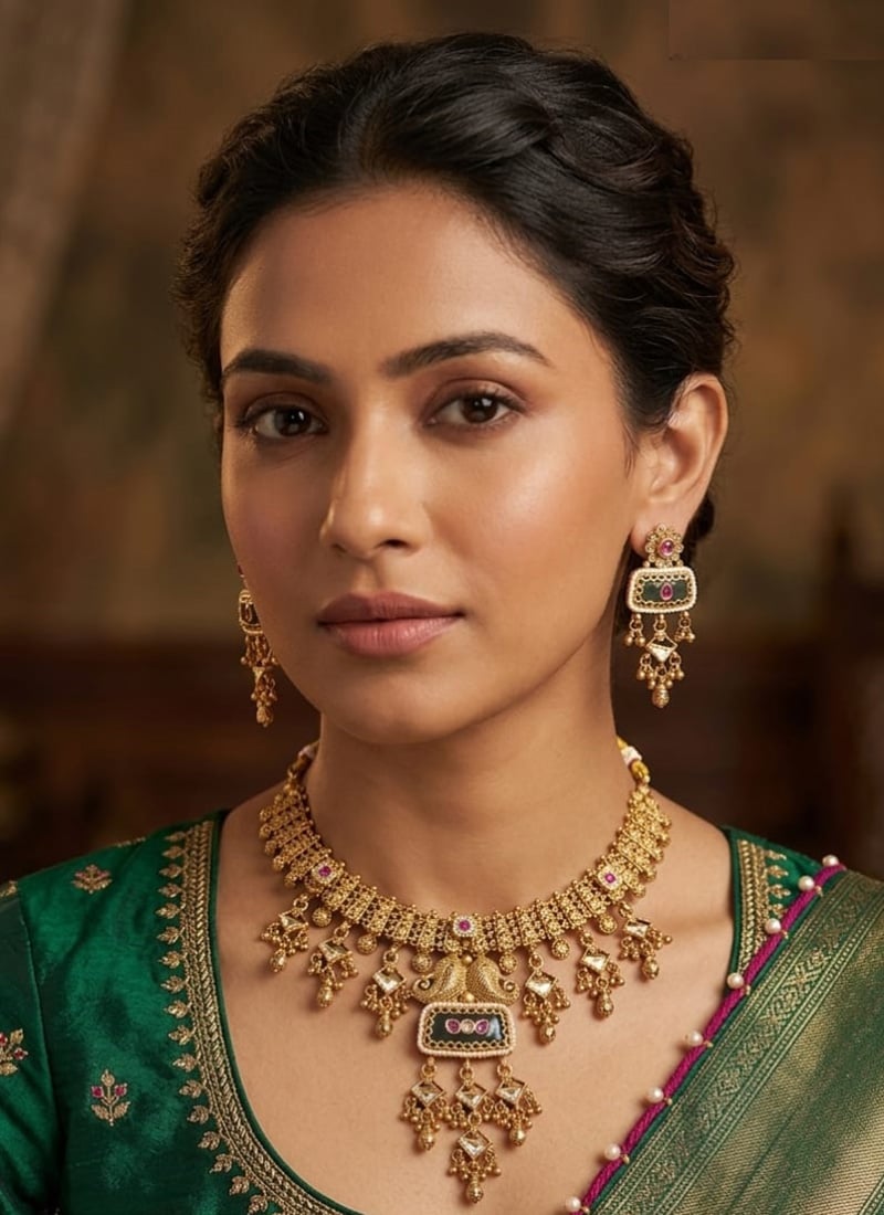 Golden Kundan Pearl Beads Bridal Regal Choker Necklace Set For Women Wedding Wear