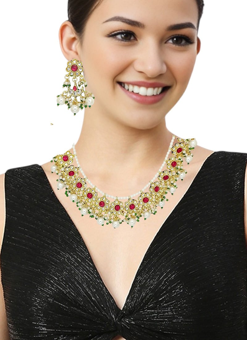 Golden Kundan Stones And Moti Work Necklace Set Festive Wear