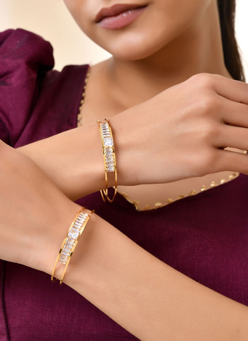 Golden Kundan Studded Openable Bangles For Women Festive Wear