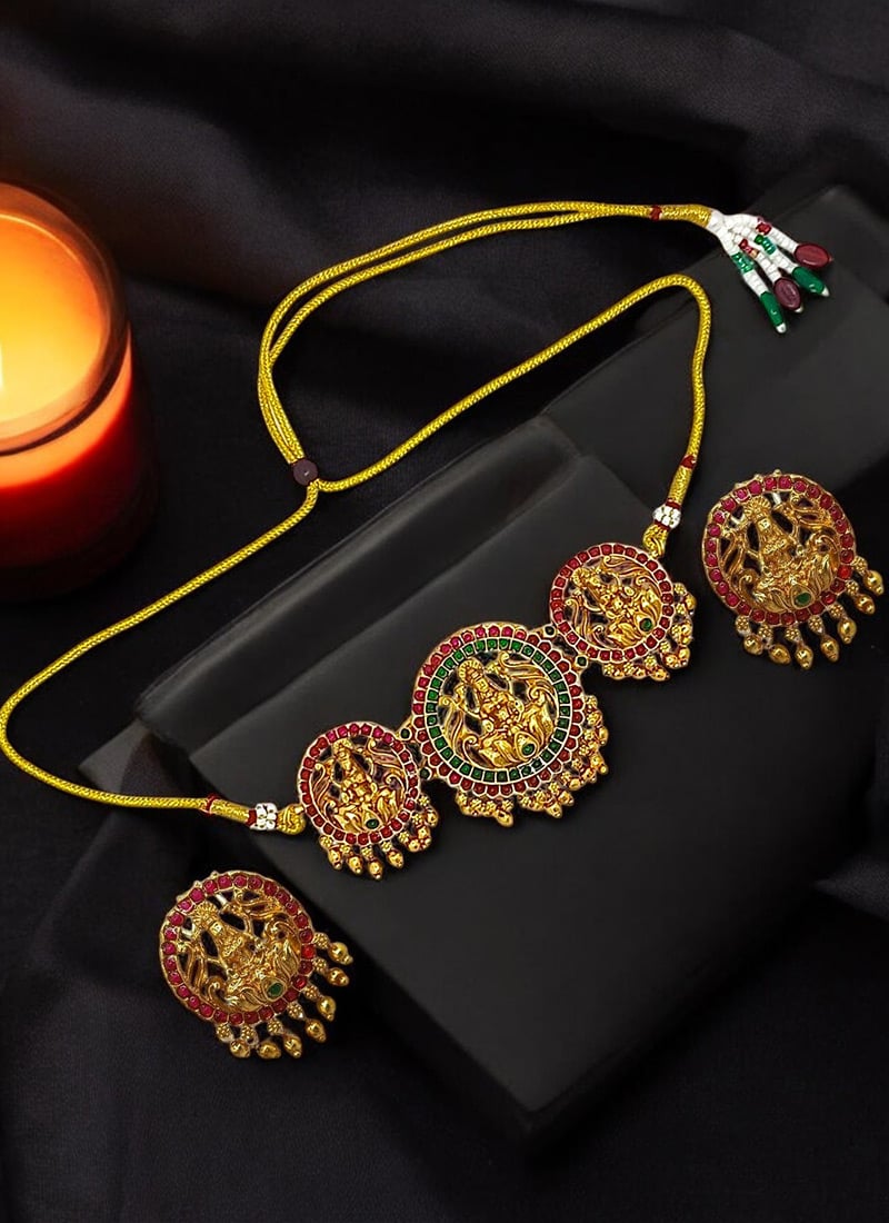 Golden Kundan Temple Design Choker Set Festive Wear