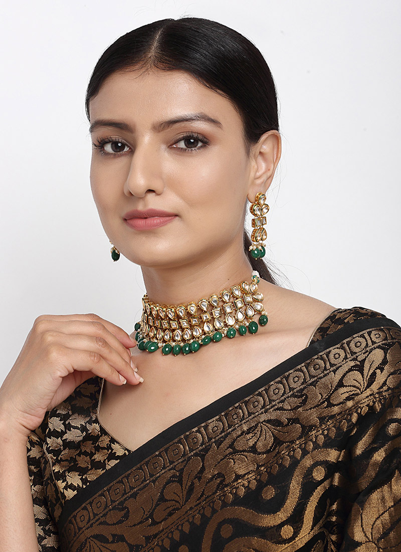 Golden Kundan With Beads And Moti Choker Wedding Wear