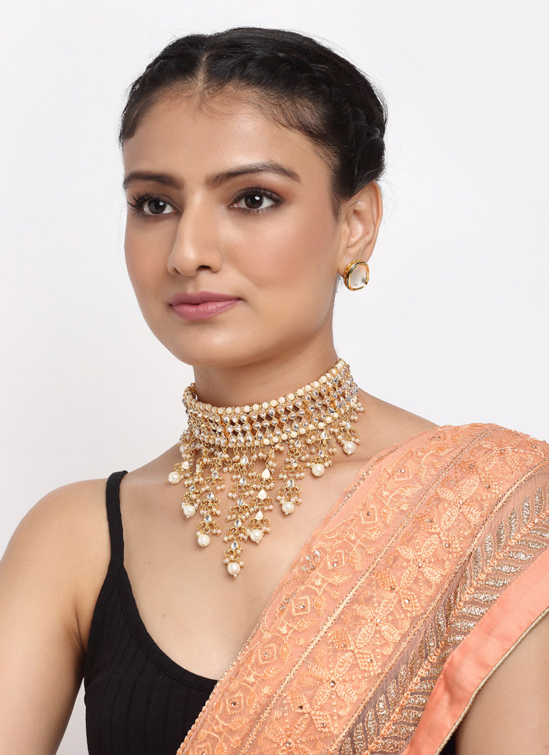Golden Kundan With Beads And Moti Choker Wedding Wear