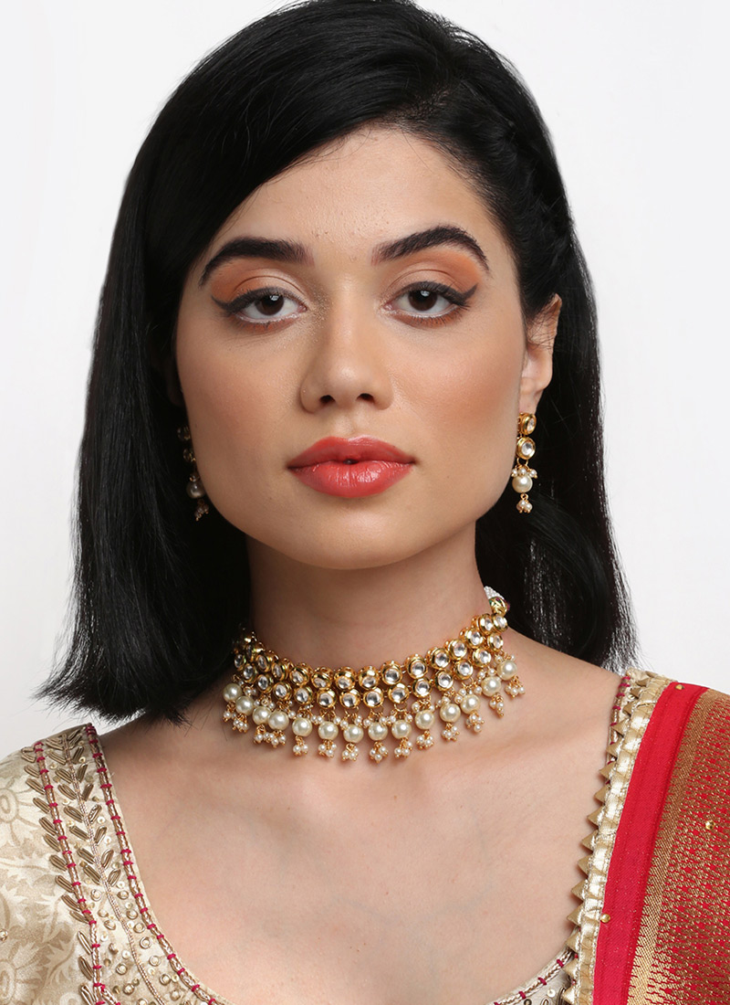 Golden Kundan With Beads And Moti Choker Wedding Wear