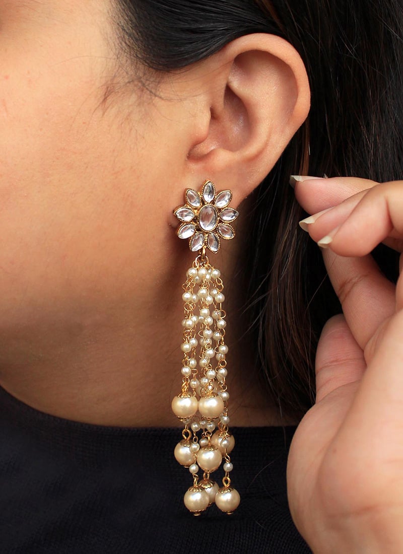 Golden Kundan With Beads And Moti Danglers After Six Wear