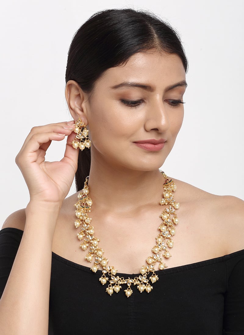 Golden Kundan With Beads And Moti Necklace Wedding Wear