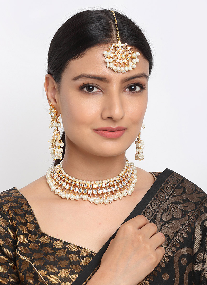 Golden Kundan With Beads And Moti Necklace Wedding Wear