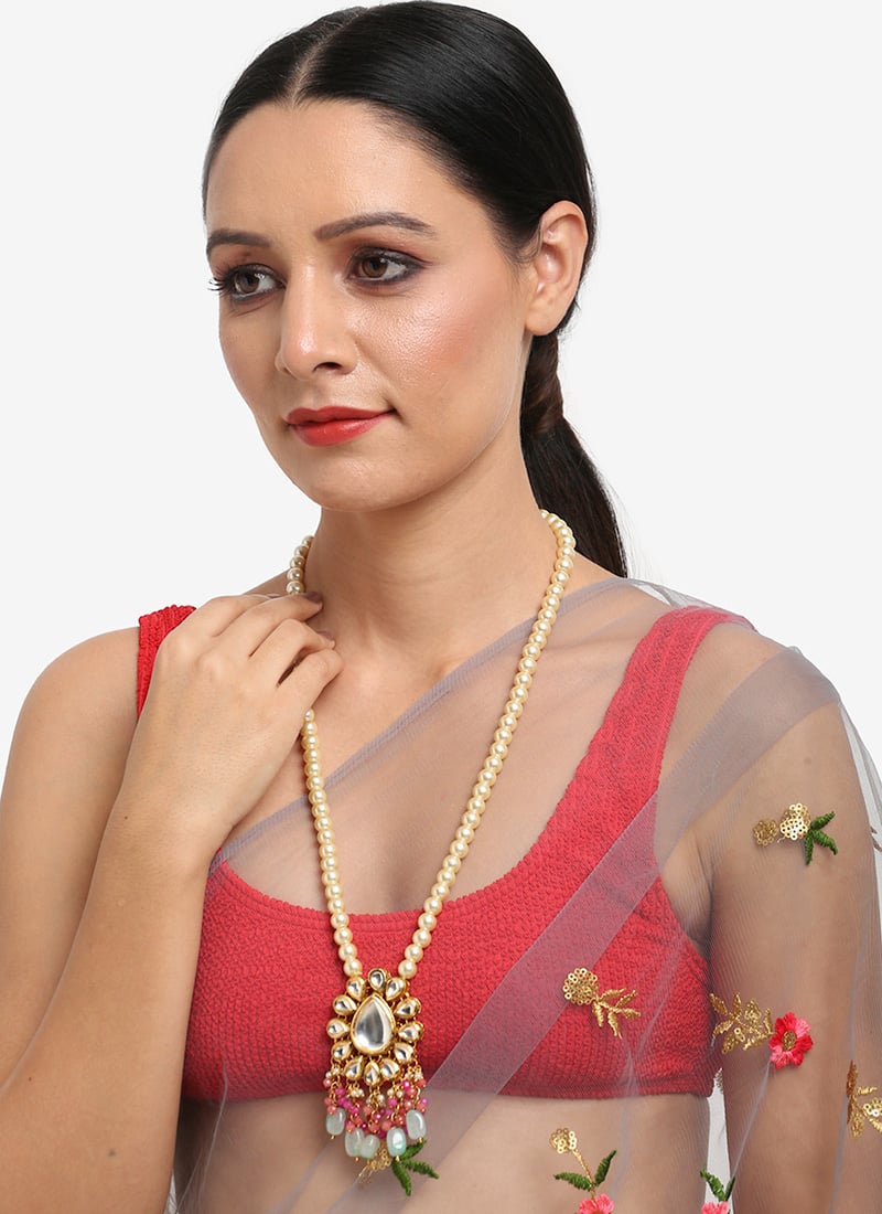Golden Kundan With Beads And Moti Necklace Wedding Wear