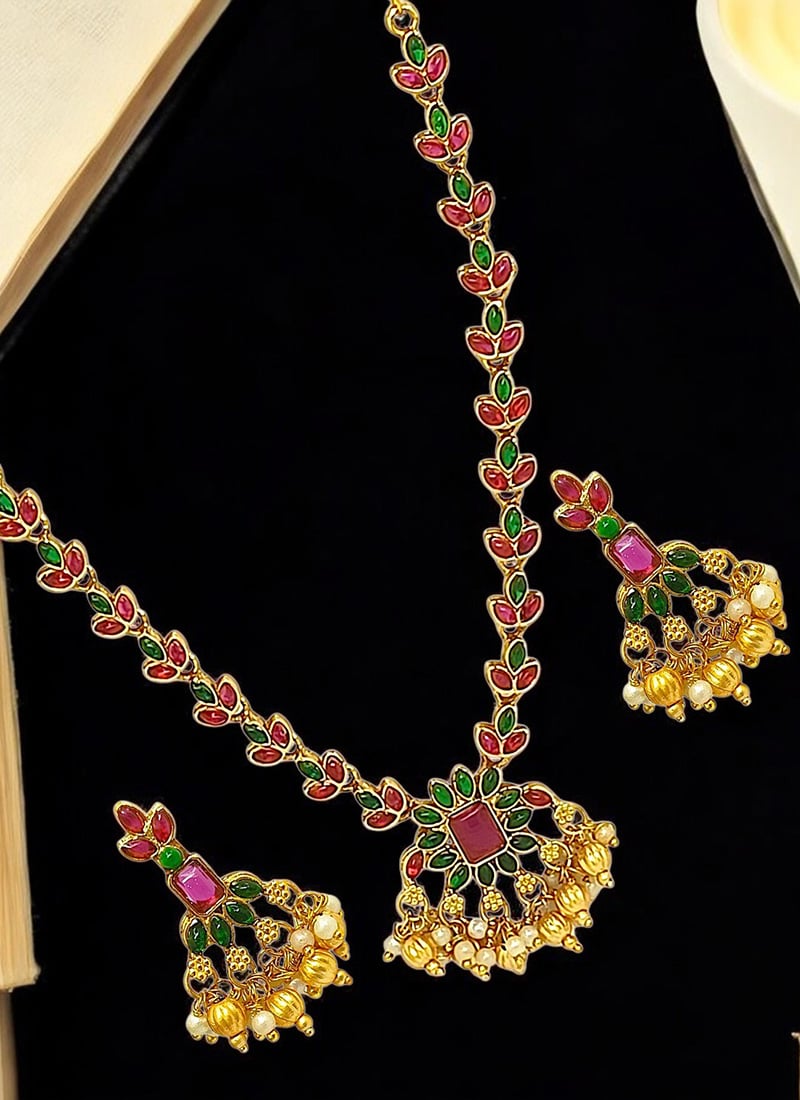 Golden Kundan With Beads Temple Necklace Set Festive Wear