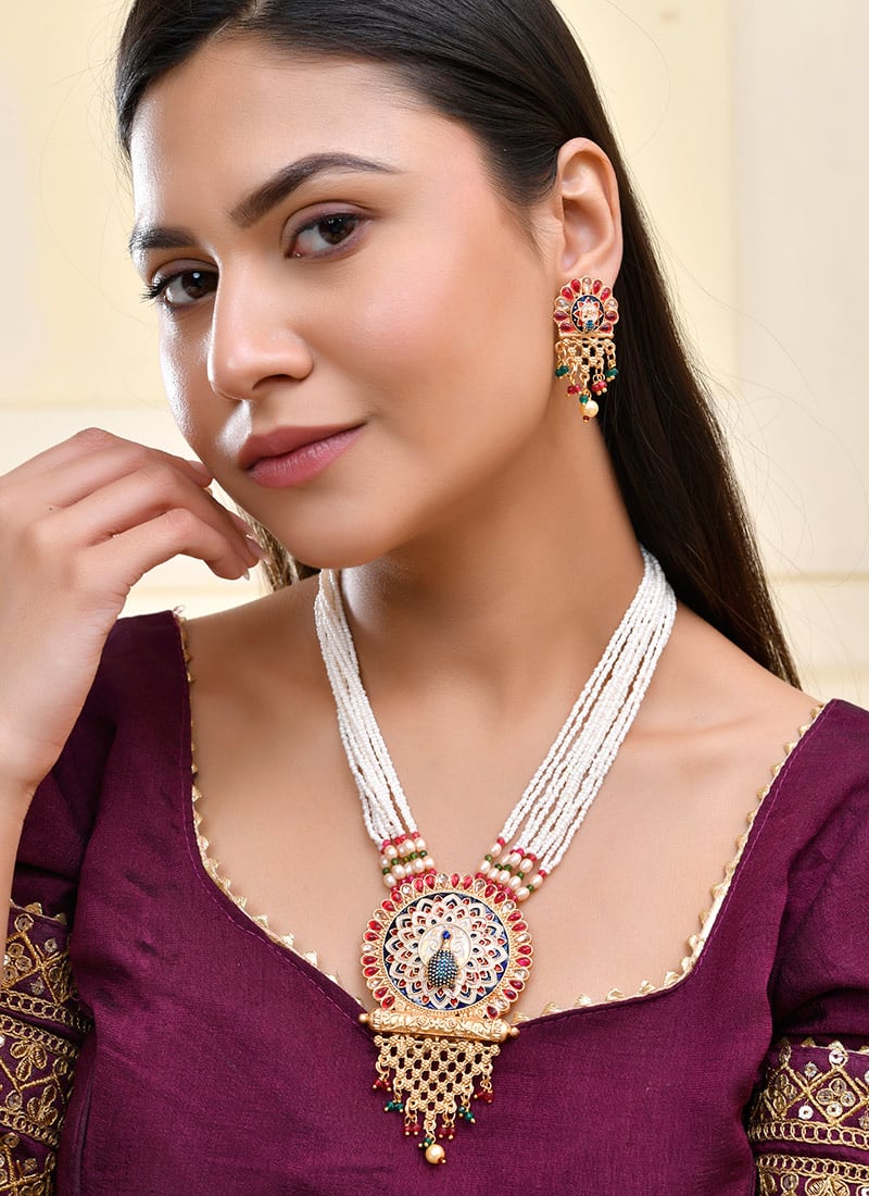 Golden Kundan With Meenakari And Beads Work Necklace Wedding Wear