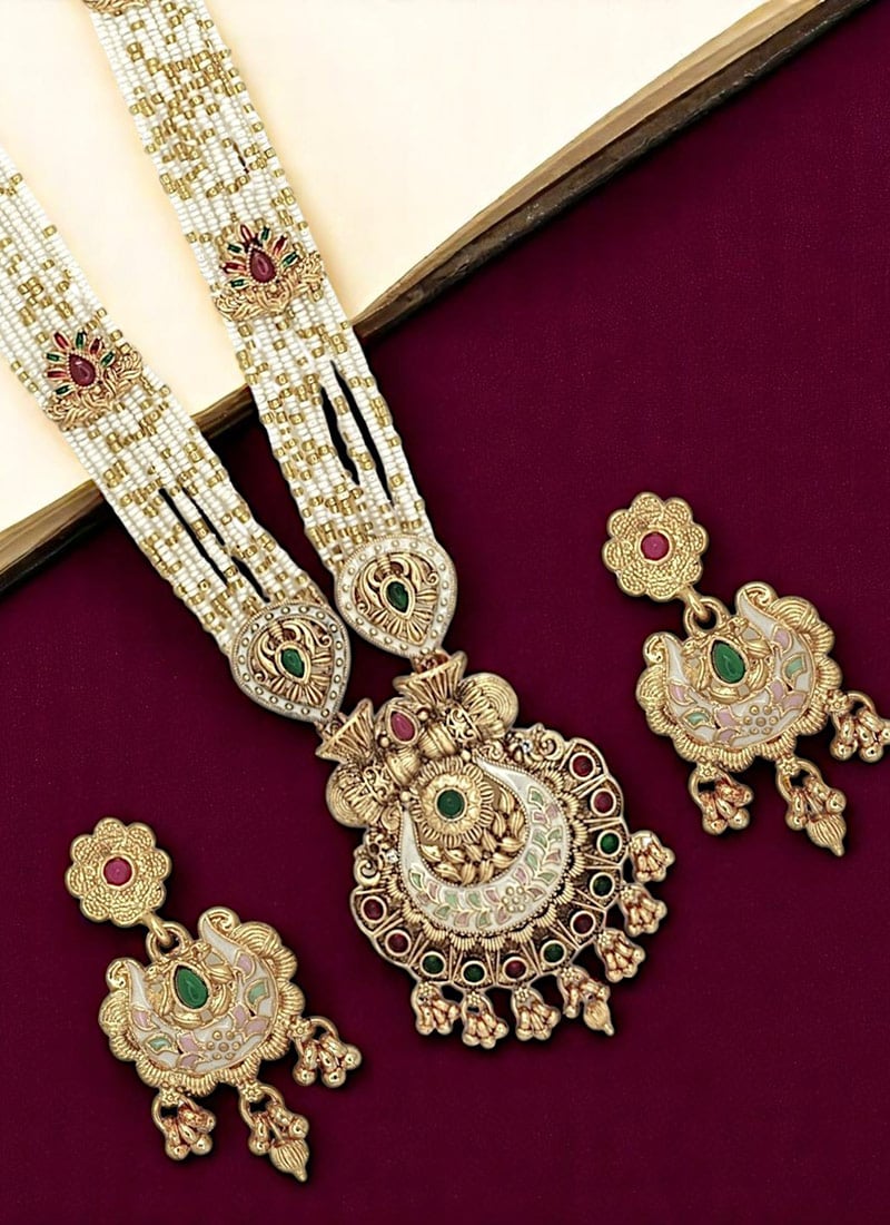 Golden Kundan With Meenakari And Beads Work Temple Necklace Set Festive Wear