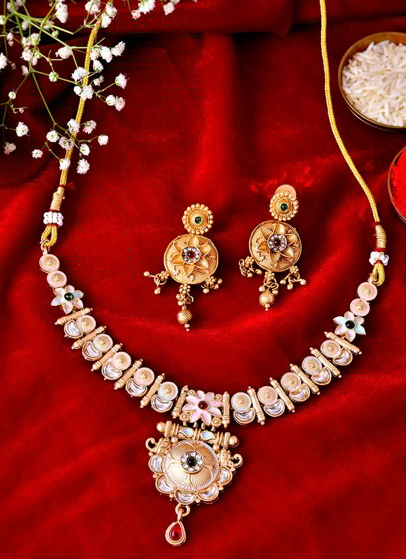 Golden Kundan With Meenakari And Stone Work Necklace Wedding Wear