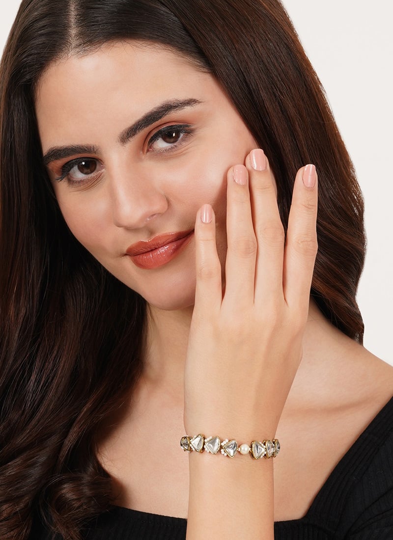 Golden Kundan With Moti And Beads Bracelet Festive Wear