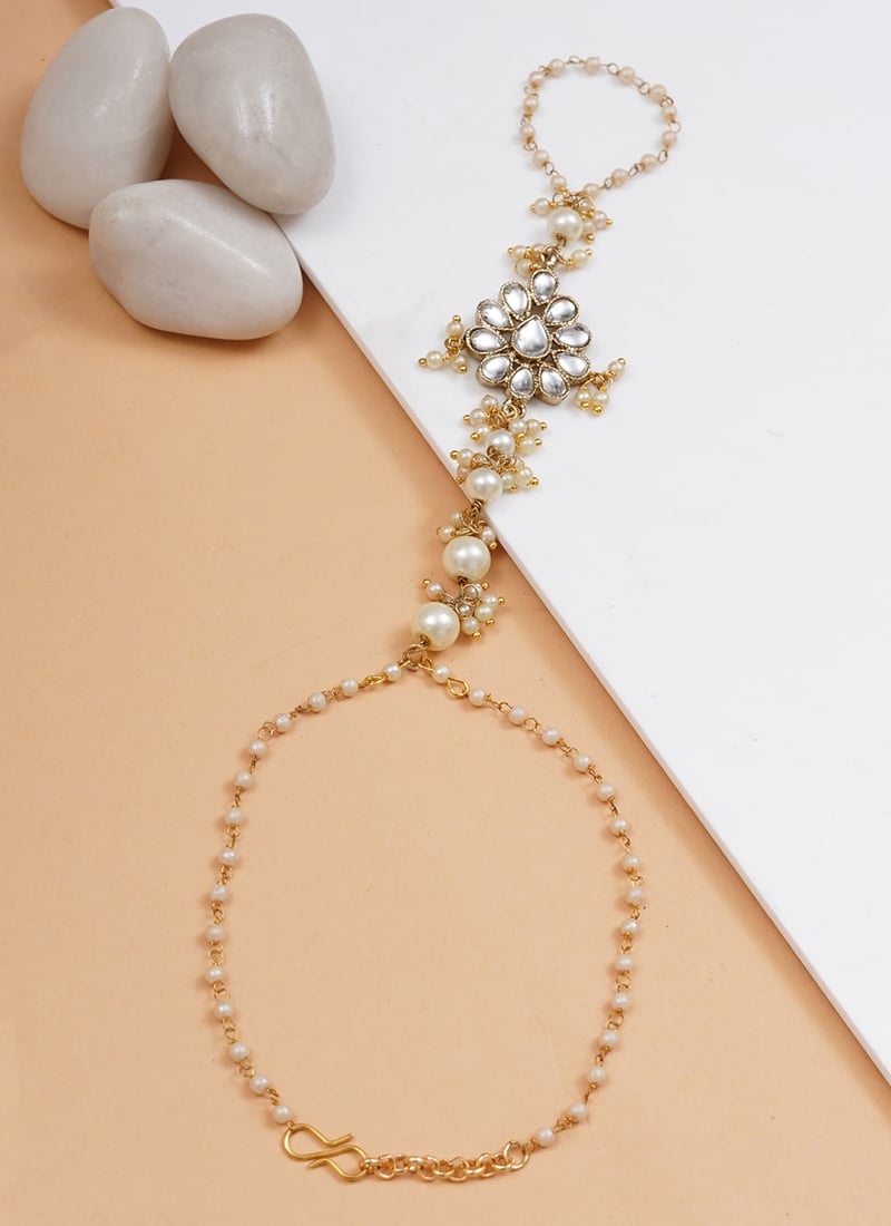 Golden Kundan With Moti And Beads Bracelet Festive Wear