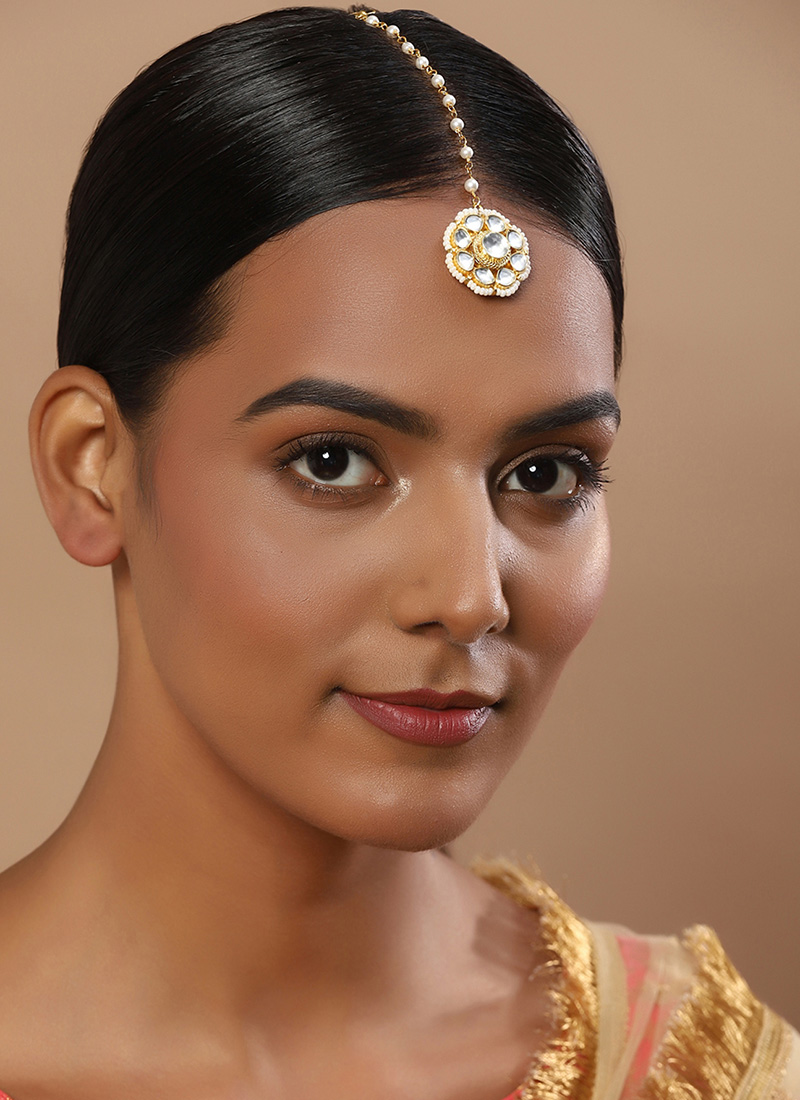 Golden Kundan With Moti And Beads Mangtikka Festive Wear