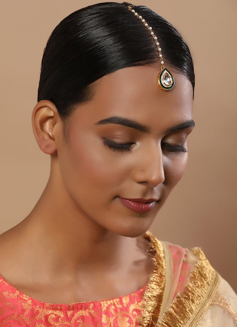 Golden Kundan With Stone And Beads Mangtikka Festive Wear