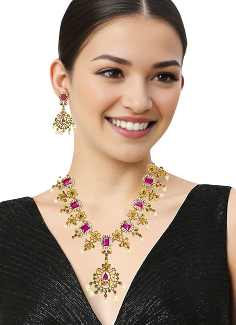 Golden Kundan With Stones And Moti Detailed Necklace Set Festive Wear