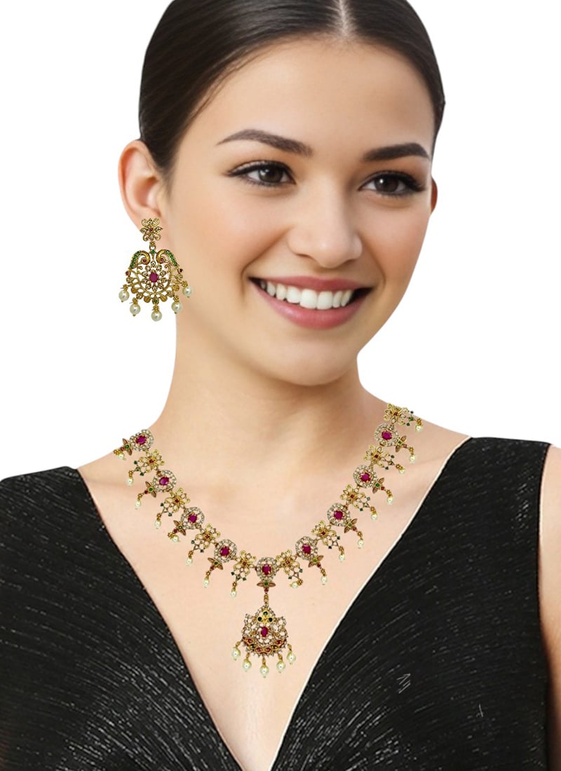 Golden Kundan With Stones And Moti Embellished Necklace Set Festive Wear