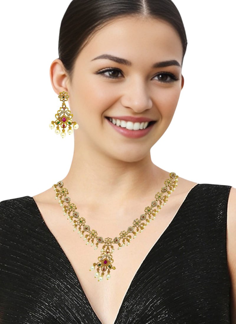 Golden Kundan With Stones And Moti Work Necklace Set Festive Wear