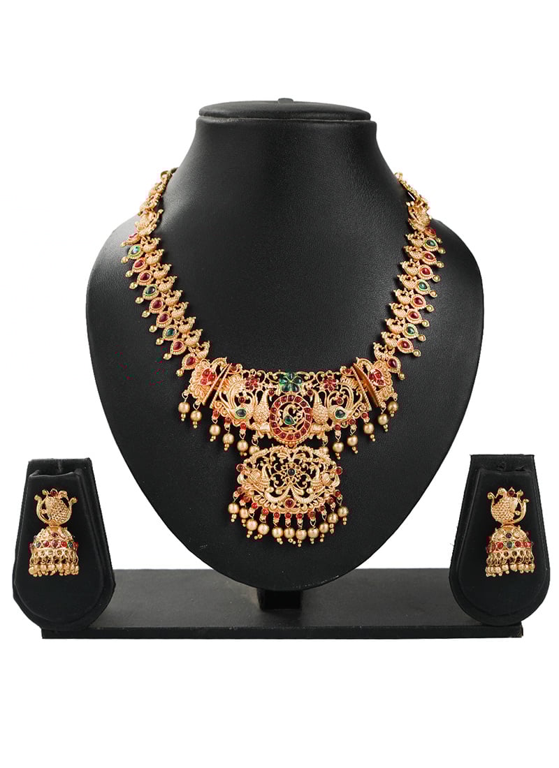 Golden Kundan Work Peacock Necklace Set Festive Wear