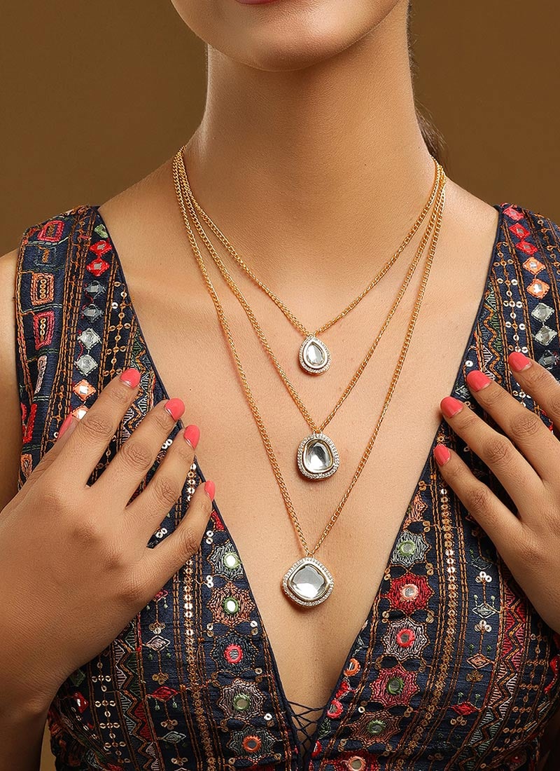 Golden Layered Kundan Pendant Necklace Festive Wear