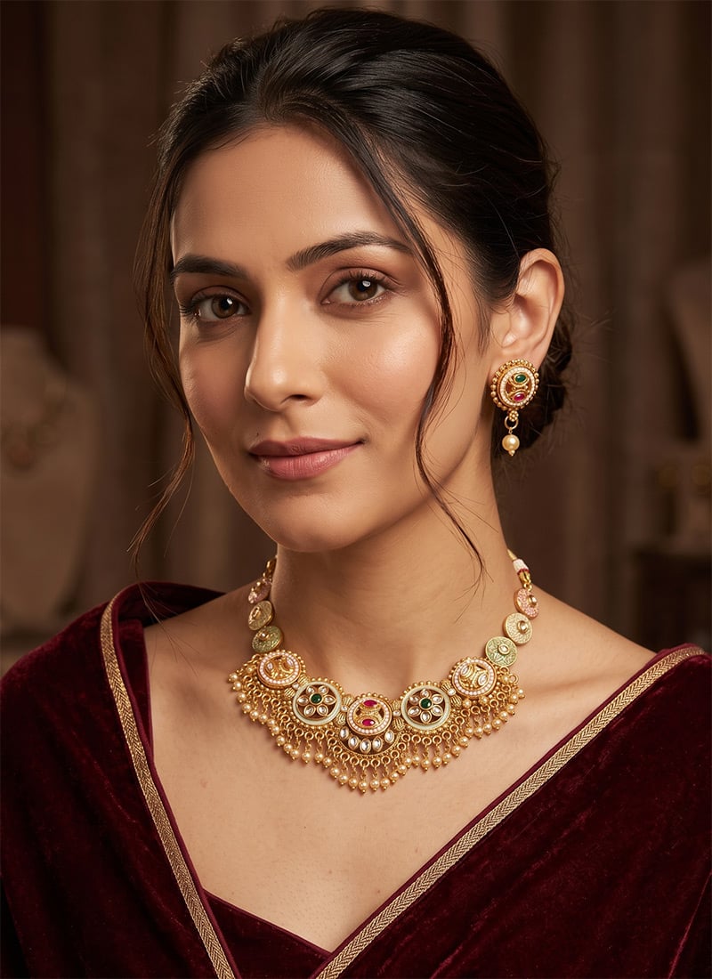 Golden Meenakari Stone Necklace Set After Six Wear