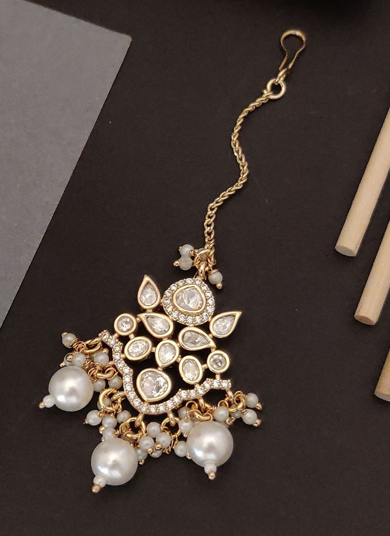Golden Moti And Stone Lustrous Mangtikka  Festive Wear