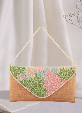 Golden Multicolor Silk Beads Work Party Clutch