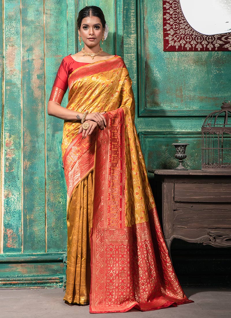 Golden Mustard Benarasi Silk Blend Zari Saree Festive Wear
