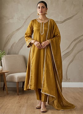 Golden Mustard Chiffon Silk Gota Zari Work A Line Anarkali Suit