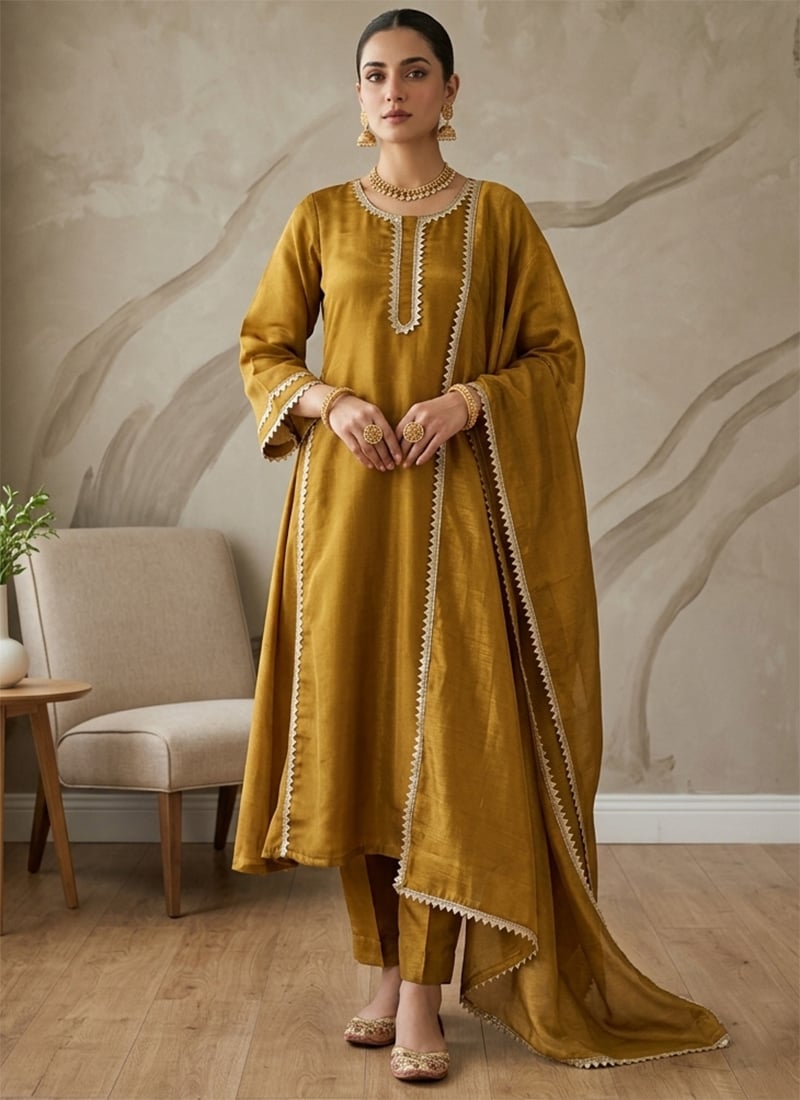 Golden Mustard Chiffon Silk Gota Zari Work A Line Anarkali Suit After Six Wear