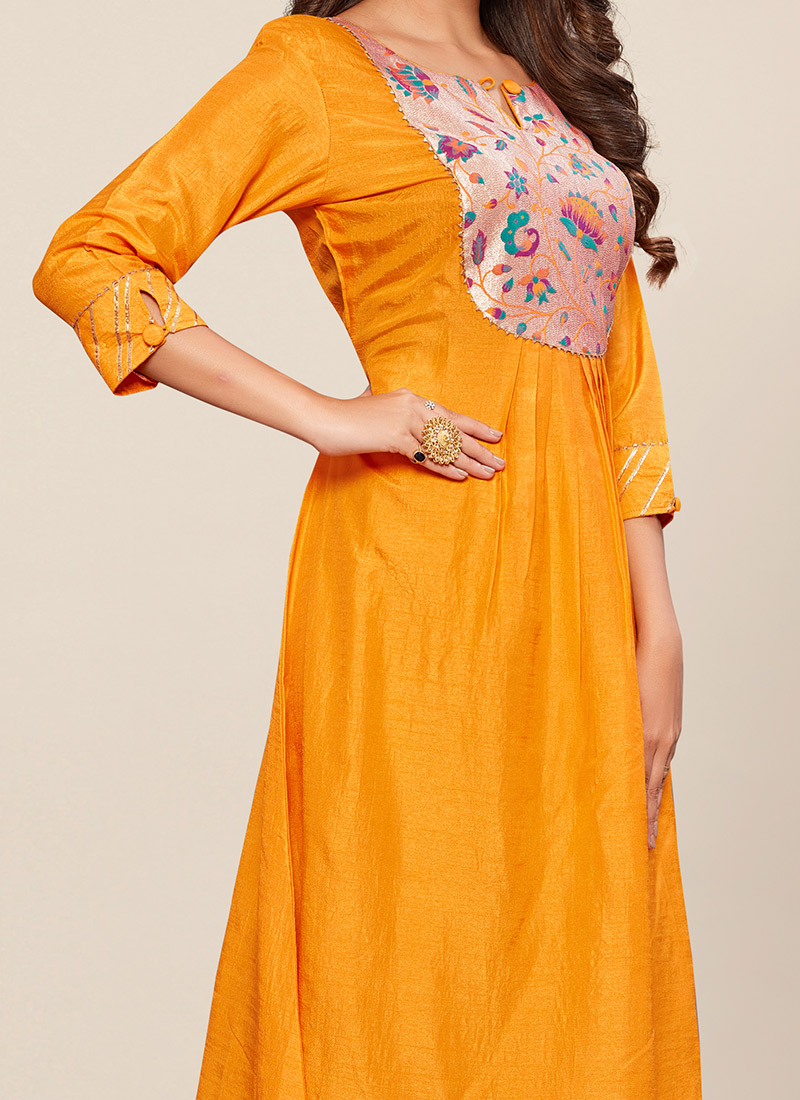Buy Golden Mustard Dola Silk Jacquard Yoke Long Kurti Work Wear