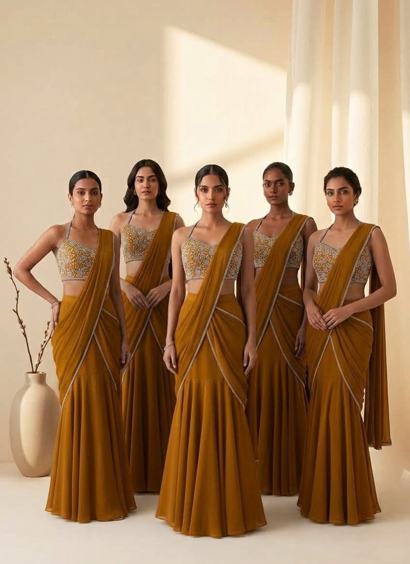 Golden Mustard Silk Cutdana Beads Hand Embroidered Pre Draped Saree Festive Wear