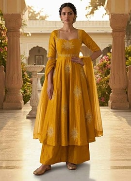 Golden Mustard Silk Zari Sequins Anarkali Suit