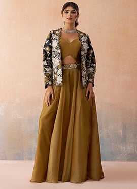 Golden Mustard Tissue Embroidered Sequins With Beads Work Jacket Palazzo Crop Top Set