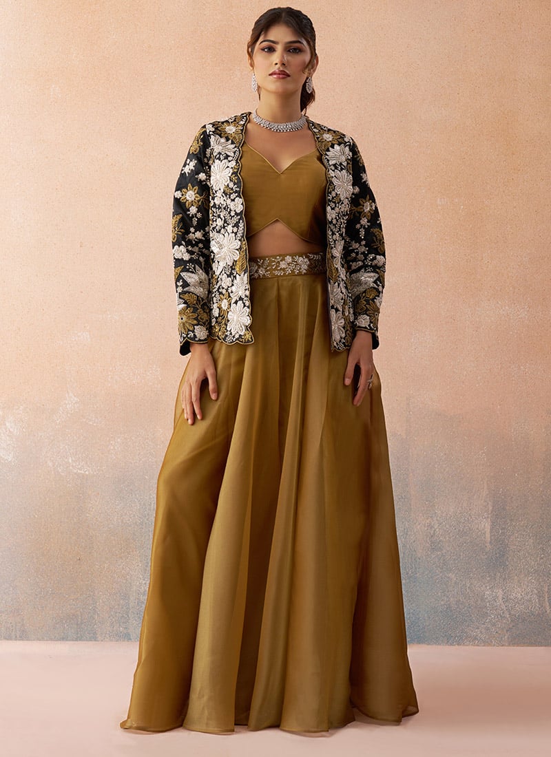 Golden Mustard Tissue Embroidered Sequins With Beads Work Jacket Palazzo Crop Top Set Wedding Wear
