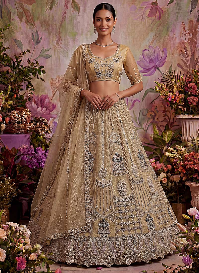 Golden Net Embroidered Sequins Lehenga Wedding Wear