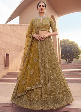Golden Net Sequins Embroidered Moti Zari Thread Cutdana Umbrella Lehenga