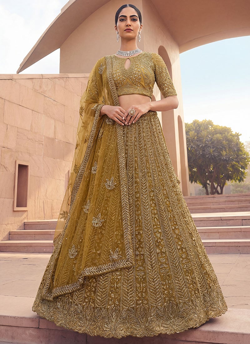 Golden Net Sequins Embroidered Moti Zari Thread Cutdana Umbrella Lehenga Wedding Wear