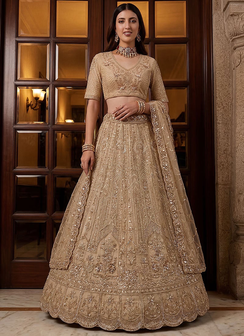 Golden Net Zari Embroidered Sequins With Stone Work Lehenga Wedding Wear